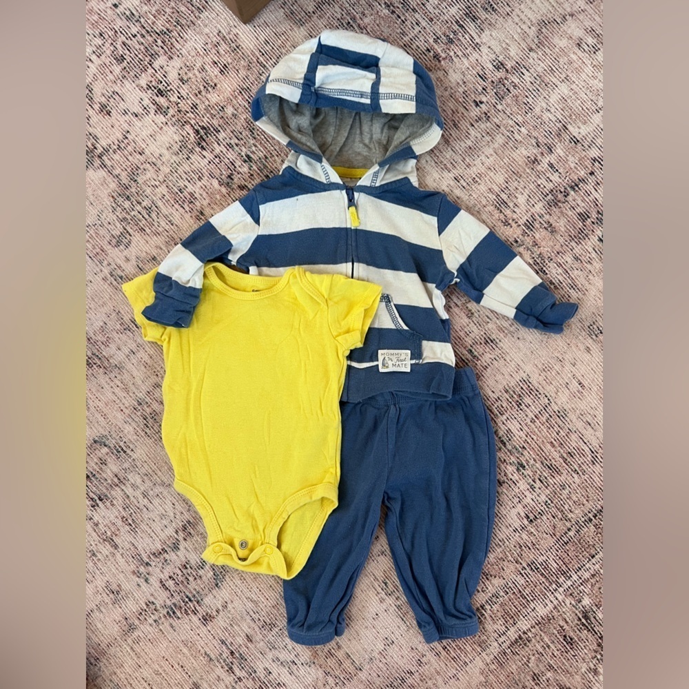 Striped Blue and White Hoodie Set with Yellow Onesie